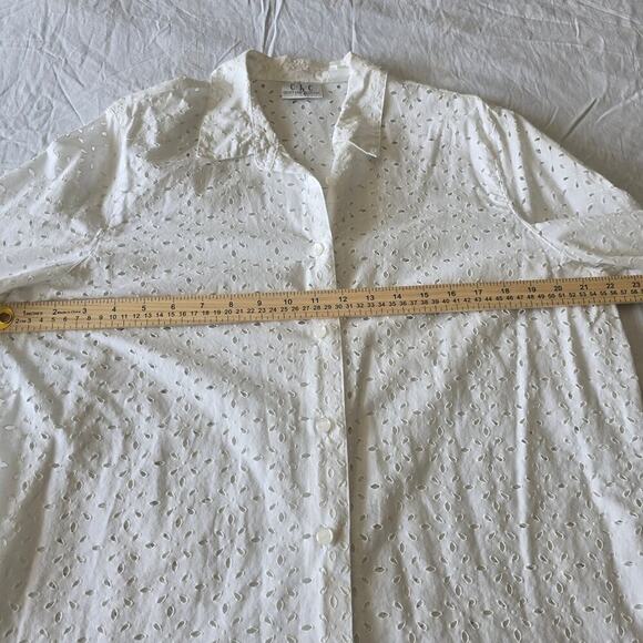 Y2K CLC White Cotton Eyelet Lace Shirt Button-Up Academia Resort Office Top Sz L - Picture 3 of 8